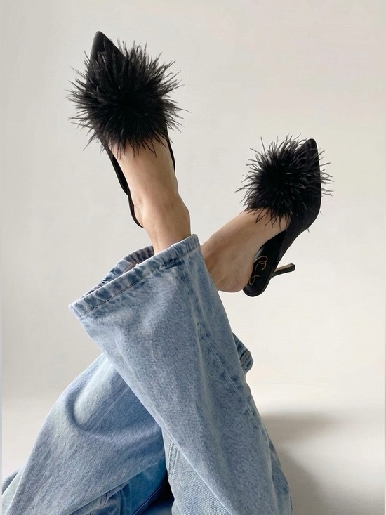 Sam Edelman Shoes - Sam Edelman Black Feather Pom Slip-On Mules